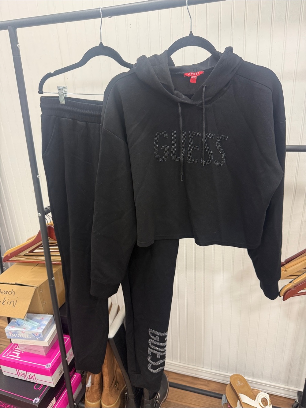 Guess Black Sparkly Raised scuba knitLogo Cropped Hoodie and Joggers Set Large